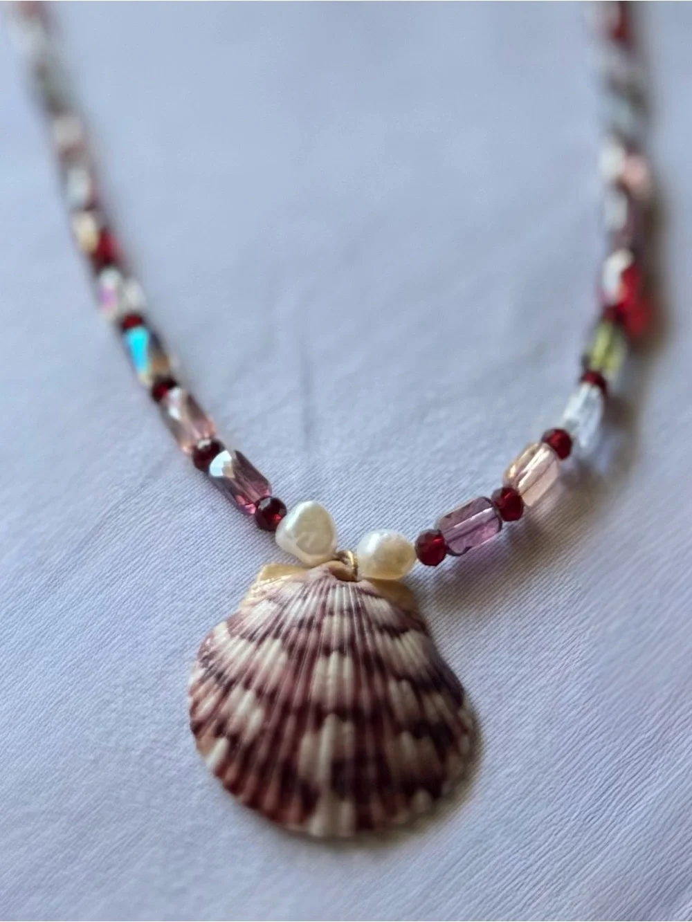 Sea Shell Pendant Beaded Necklace - holographic colors